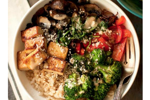 Peanut Tofu Bowl with Roasted Mushrooms and Red Peppers, Broccoli, Sesame Seeds and PB-Ginger Dressing (Main 1)
