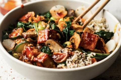 Bibimbap with Chili-Miso Rice, Tofu, Carrots, Mushrooms, Kale and Cucumbers (Main 1)