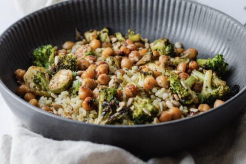 Basil Pesto Chickpea Bowl with Broccoli, Roasted Sweet Potato, Red Cabbage, Short Grain Brown Rice, Quinoa and Toasted Almonds (Main 2/NEW!)
