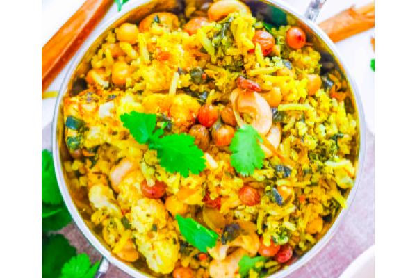 Vegetable Biryani with Chickpeas, Roasted Cauliflower, Peas and Cucumber-Mint Raita (Main 4)