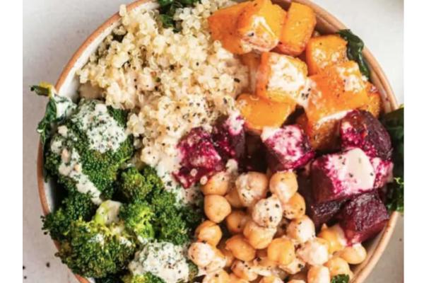 Caesar Salad Bowl with Garlicky Chickpeas, Kale, Quinoa, Roasted Cauliflower and Beets and Hemp-Cashew Parm (Main 2)