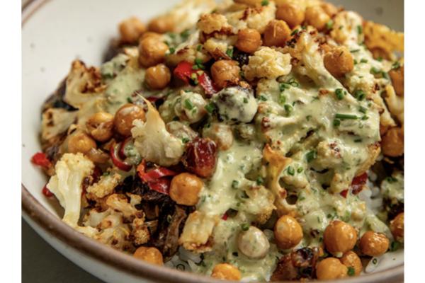 Cajun Chickpea Bowl with Crumbled Andouille Tofu, Roasted Cauliflower, Sweet Potato and Red Pepper, Quinoa and Creamy Garlic Sauce  (Main 3/NEW!)