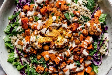Chickpea Shawarma Bowl with Roasted Cauliflower, Sweet Potato and Red Pepper and Lemon Tahini Dressing (Main 4)