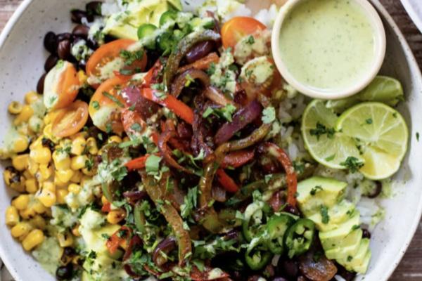 Fajita Bowl with Mexican Street Corn, Black Beans, Roasted Red and Yellow Peppers and Cauliflower and Creamy Cilantro-Lime Dressing (Main 2/NEW!) (Main 4)