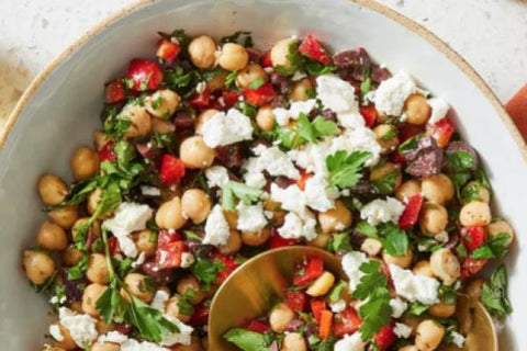 Greek Kale Salad with Chickpeas, Red Pepper, Tomato, Tofu "Feta" and Olives (NEW!)