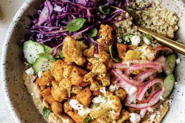 Baba Ganoush Bowl with Roasted Cauliflower and Carrots, Chickpeas, Quinoa, Kale, Toasted Almonds and Lemon Dressing (Main 2)