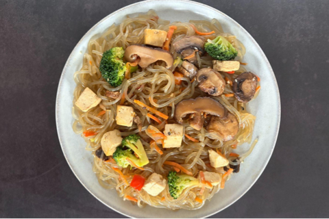 Japchae Bowl with Tofu, Broccoli, Cremini and Shiitake Mushrooms, Red Pepper and Sesame Seeds (Limited Offer!)