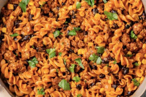 Mexican Pasta Bake with Roasted Sweet Potatoes, Black Beans, Tomatoes, Corn and Cashew Queso (Main 5/NEW!)