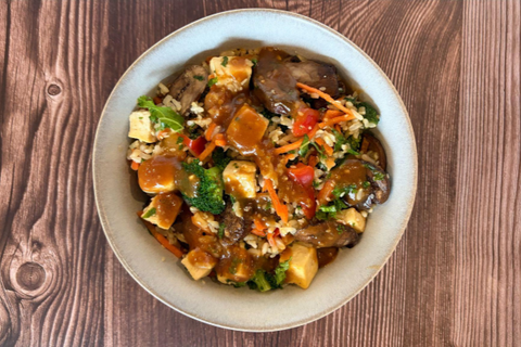 Mongolian Barbecue Tofu Stir Fry with Mushrooms, Red Pepper, Broccoli, Brown Rice and Sesame Seeds (Main 3)