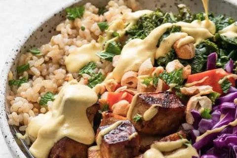 Tofu Poke Bowl with Edamame, Roasted Mushrooms, Steamed Broccoli and Garlic-Ginger Sauce (Main 1)