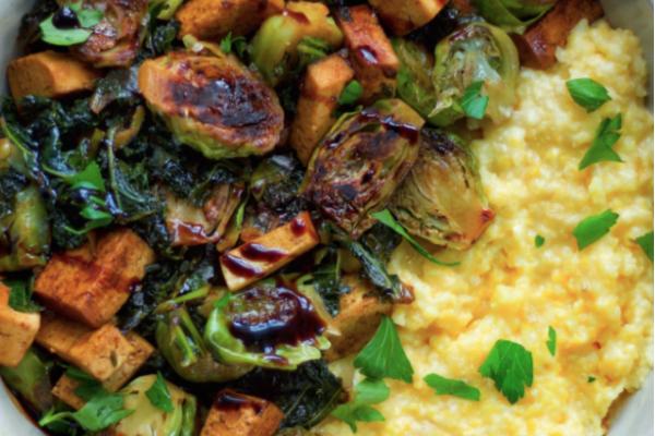 Creamy Polenta with Roasted Sweet Potato, Cauliflower and Brussels Sprouts, Navy Beans and Cashew Tzatziki (Main 5)