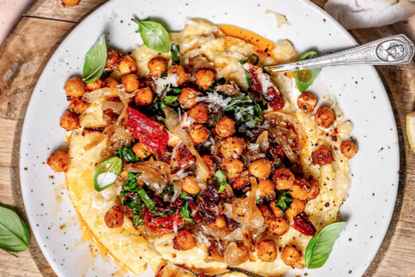 Creamy Polenta with Roasted Chickpeas, Mushrooms and Red Pepper, Sautéed Onions, Sun-Dried Tomato Pesto and Pumpkin Seed Parm (Main 5)