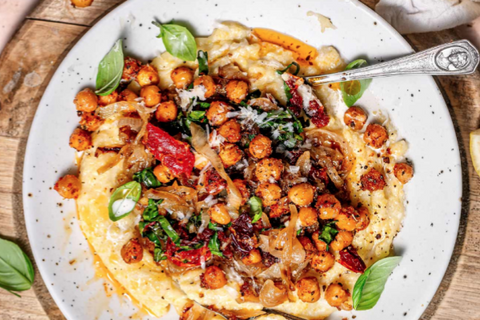 Creamy Polenta with Roasted Chickpeas, Mushrooms and Red Pepper, Sautéed Onions, Sun-Dried Tomato Pesto and Pumpkin Seed Parm (Main 5)