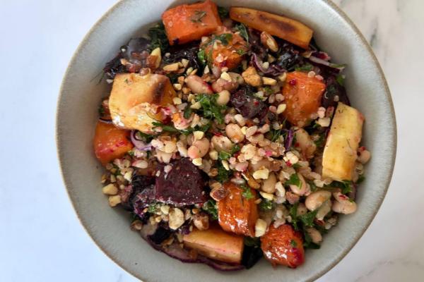 Dill-Scape Sauerkraut Bowl with Roasted Cauliflower, Beets and Carrots, Herbed Potatoes, Navy Beans, Kale and Mustard-Shallot Dressing (Main 2/NEW!)