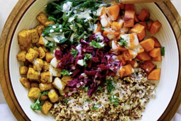 Ruby Kraut Bowl with Crumbled Tofu Sausage, Roasted Cauliflower, Carrot and Potato, Kale, Quinoa and Maple Mustard Dressing (Main 3/NEW!)