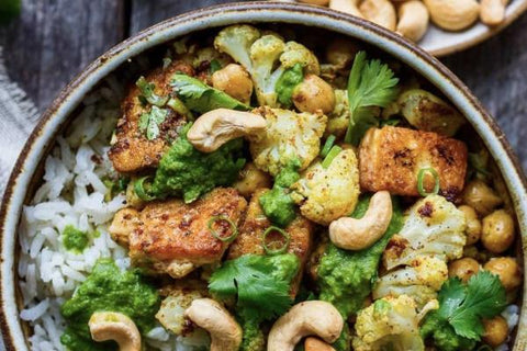 Curry Masala Chickpea Bowl with Roasted Cauliflower, Broccoli, Toasted Cashews and Cilantro-Mint Dressing (Main 2)