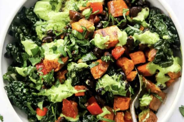 Southwest Power Bowl with Black Beans, Roasted Sweet Potato, Red Pepper, Tomato, Corn and Cilantro Dressing (Main 4)