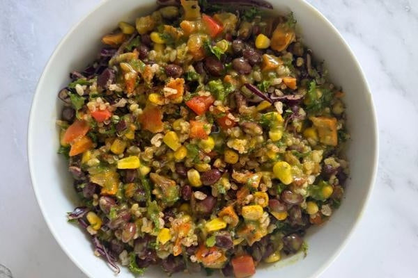 Southwest Power Bowl with Black Beans, Roasted Sweet Potato, Red Pepper, Tomato, Corn and Cilantro Dressing (Main 4)