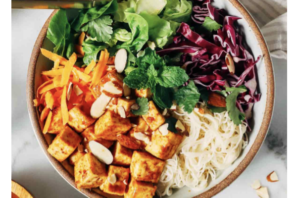 Spring Roll Bowl with Tofu, Rice Vermicelli Noodles, Red Pepper, Sweet Potato, Cilantro and Almond Butter-Ginger Dressing (Limited-Offer)