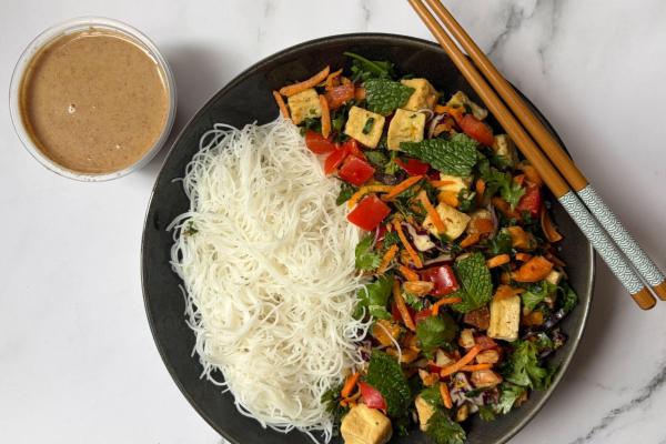 Spring Roll Bowl with Tofu, Rice Vermicelli Noodles, Red Pepper, Sweet Potato, Cilantro and Almond Butter-Ginger Dressing (Limited-Offer)