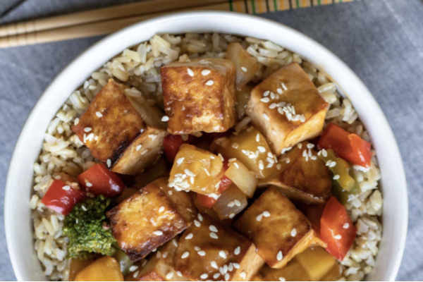 Sweet & Sour Tofu Bowl with Red and Yellow Pepper, Broccoli and Sauteed Onions over Brown Rice (Main 1/NEW!)