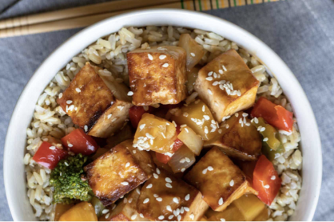 Sweet & Sour Tofu Bowl with Red and Yellow Pepper, Broccoli and Sauteed Onions over Brown Rice (Main 1/NEW!)