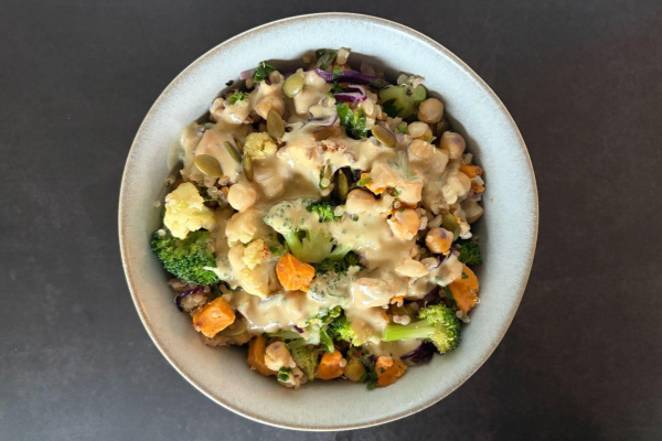 Tahini-Miso Buddha Bowl with Chickpeas, Roasted Sweet Potato and Cauliflower, Toasted Pumpkin Seeds and Short Grain Rice (Main 4)