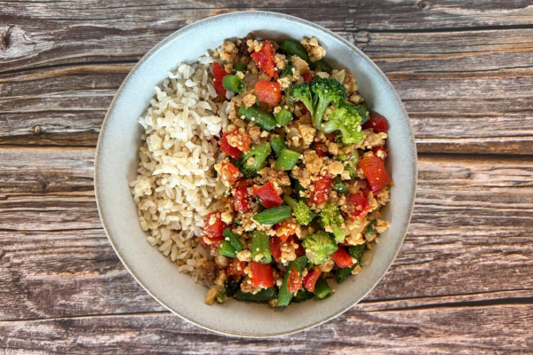 Thai Basil Stir Fry (Pad Kra Pao) with Crumbled Tofu, Red Pepper and Broccoli over Brown Rice (Limited-Offer!)