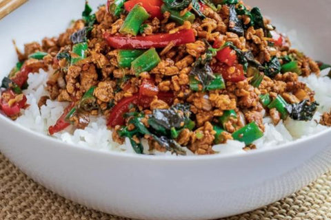 Thai Basil Stir Fry (Pad Kra Pao) with Crumbled Tofu, Red Pepper and Broccoli over Brown Rice (Limited Offer/NEW!)