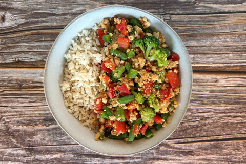 Thai Basil Stir Fry (Pad Kra Pao) with Crumbled Tofu, Red Pepper and Broccoli over Brown Rice (Limited-Offer!)