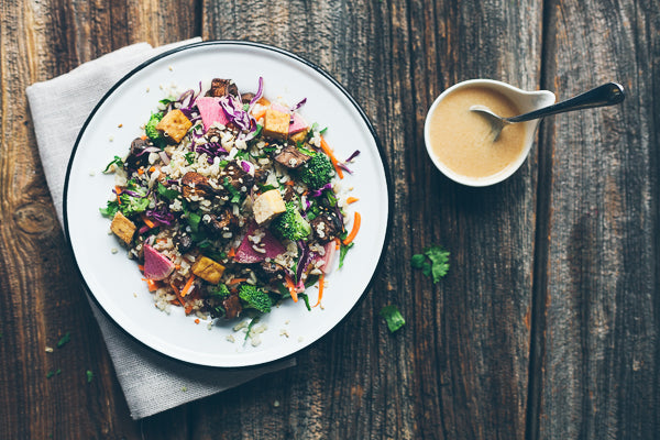 Banh Mi Bowl with Tofu, Broccoli, Mushrooms, Pickled Carrots, Cilantro, Mint and Miso Dressing (Main 1)