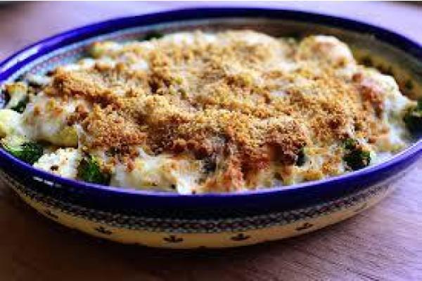 Vegetable Gratin with Roasted Sweet Potato, Cauliflower and Brussels Sprouts, Broccoli, Potatoes and Cashew Cheese (Main 5)