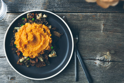 Shepherd's Pie with Mushrooms, Lentils, Miso-Red Wine Gravy and Mashed Sweet Potato Topping (Main 5)