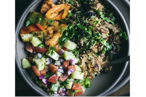 Mujadara Bowl with Kale, Roasted Cauliflower, Sweet Potato and Eggplant, Brown Rice, Lentils, Cucumbers, Tomatoes and Lemon Dressing (Main 3)