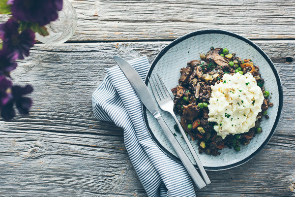 Shepherd's Pie with Mushrooms, Lentils, Miso-Red Wine Gravy and Mashed Sweet Potato Topping (Main 5)