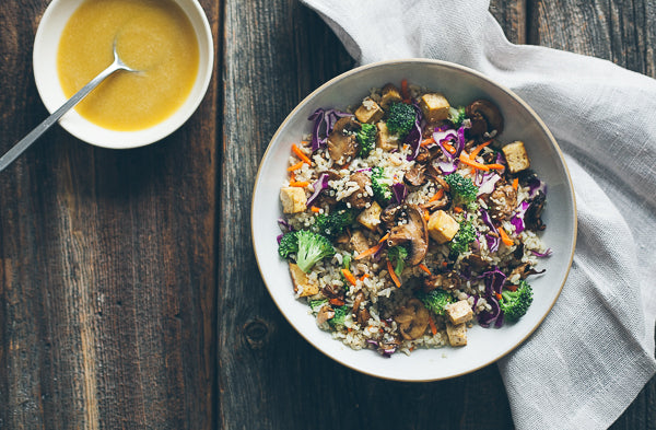 Teriyaki Bowl with Sesame Crusted Tofu, Roasted Cremini and Shiitake Mushrooms, Broccoli and Carrots (Main 1)